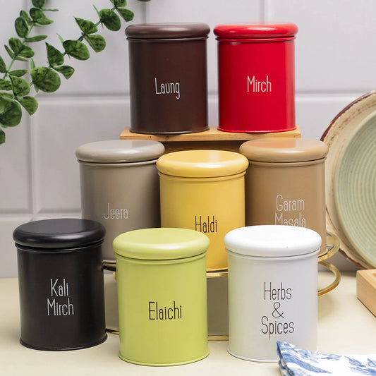 Colorful Iron Spice Jar Set – Pack of 8 (Pre-Labeled, Airtight Containers)